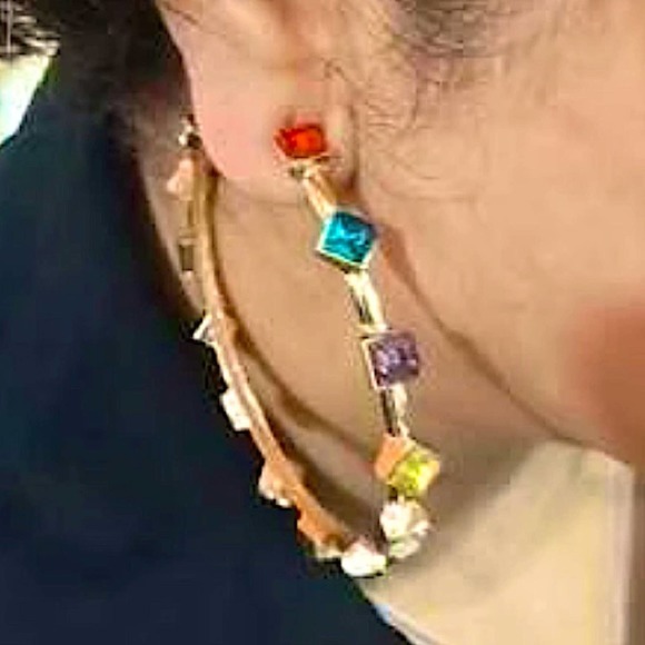 Gold 18K GP Multicolored Gemstone Cuff Hoop Earrings - Picture 5 of 12